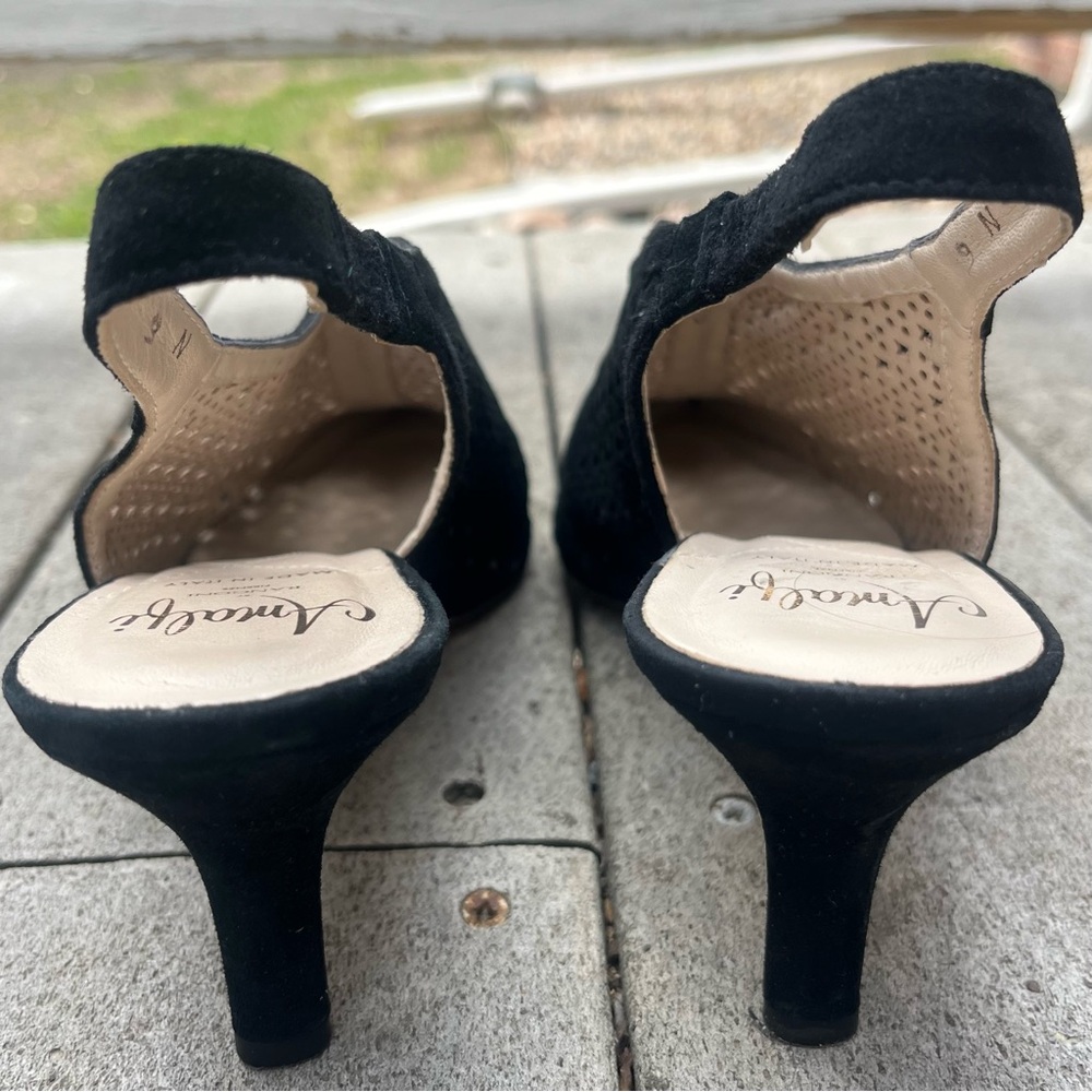Amalfi by Rangoni Italy Black Leather Women 9N Platoon Sling backs Pumps 3” Heel - Picture 3 of 13